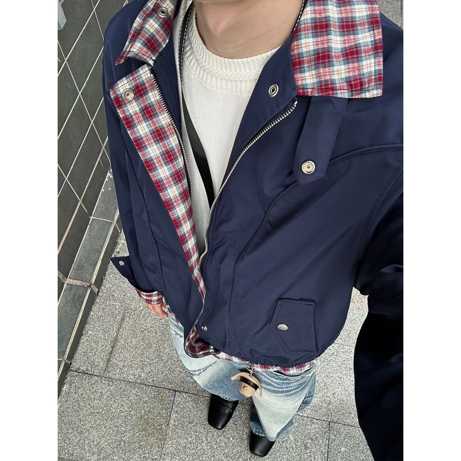 格纹衬衫拼接工装夹克男美式翻领外套飞行员上衣513AJK2279P68图片