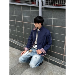 格纹衬衫拼接工装夹克男美式翻领外套飞行员上衣513AJK2279P68图片