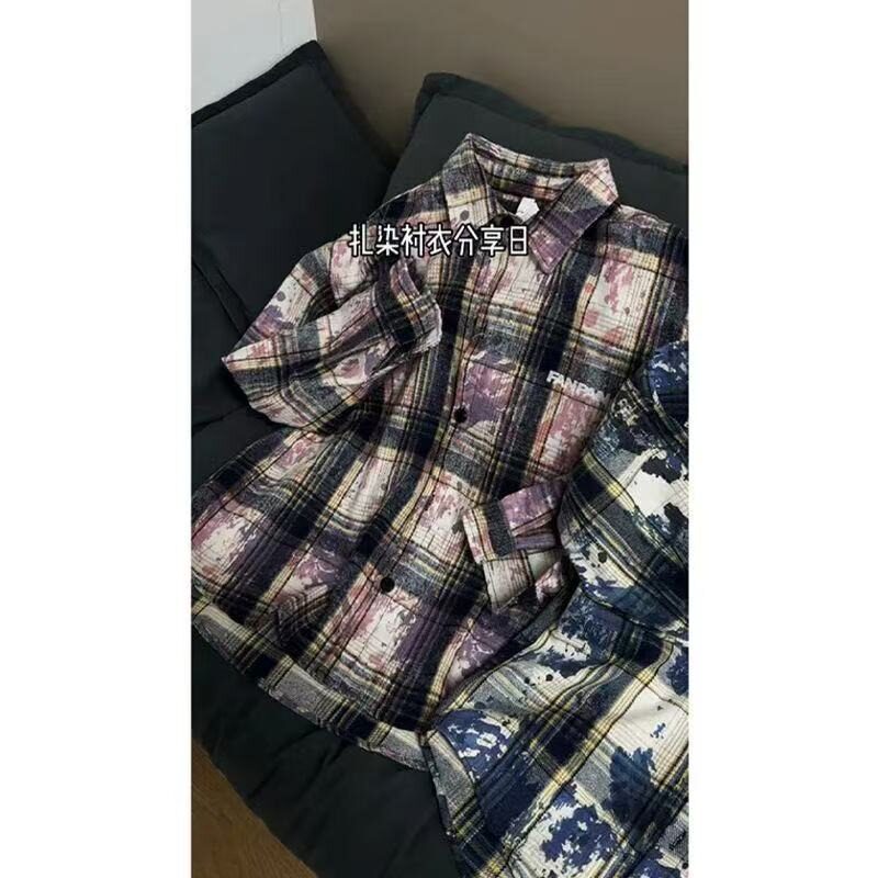 扎染格子衬衫男美式复古情侣长袖衬衣外套上衣513ACX1083特P30,男装衬衫,星座513A