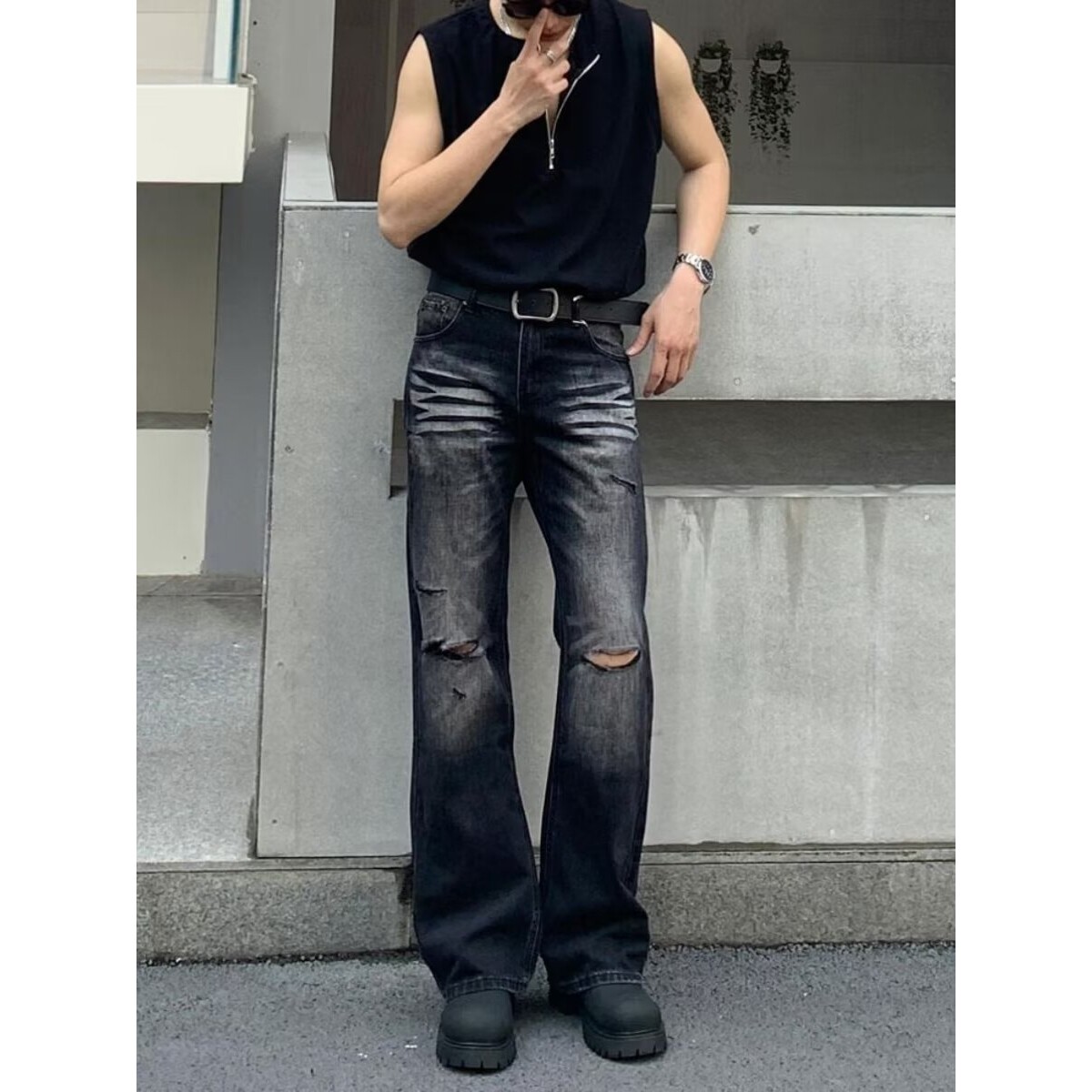 个性剪裁破洞牛仔裤男复古潮流猫须宽松直筒长裤513ACK2244P48,男装牛仔裤,星座513A