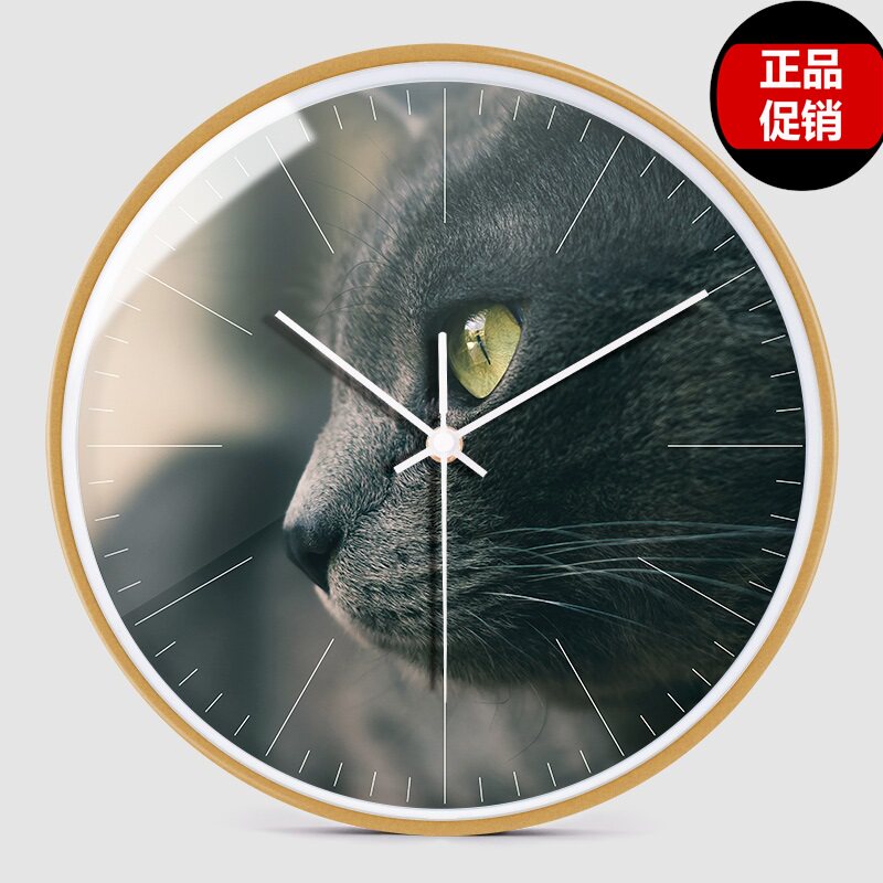 12寸细边框猫咪创意静音挂钟x时尚客E厅卧室挂表家用装饰石英钟H6
