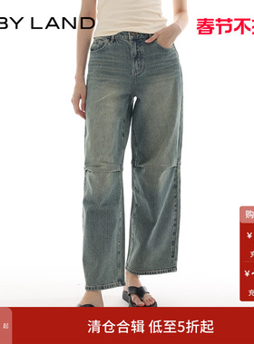 IF BY LAND 设计师品牌 蓝色水洗褶间美式复古宽松直筒牛仔裤女冬