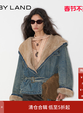 徐艺洋同款IF BY LAND2025秋季新款复古蓝色牛仔腰带连帽外套