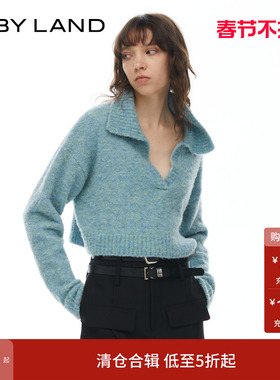 IF BY LAND 设计师品牌 冬季新款蓝色毛毛短上衣翻领V领毛衣女