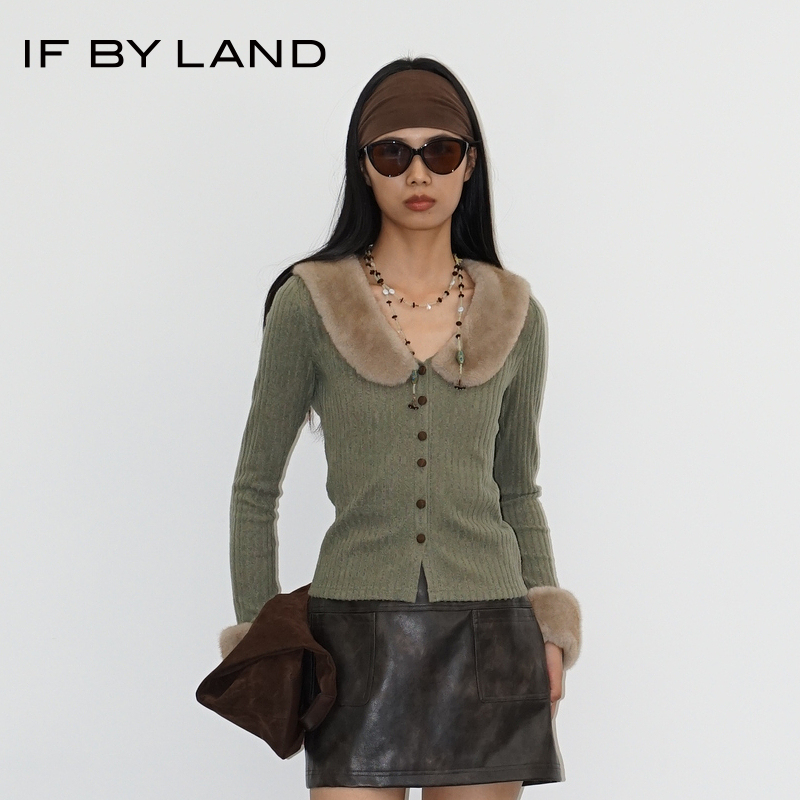 IFBYLAND绿色毛领拼接针织开衫