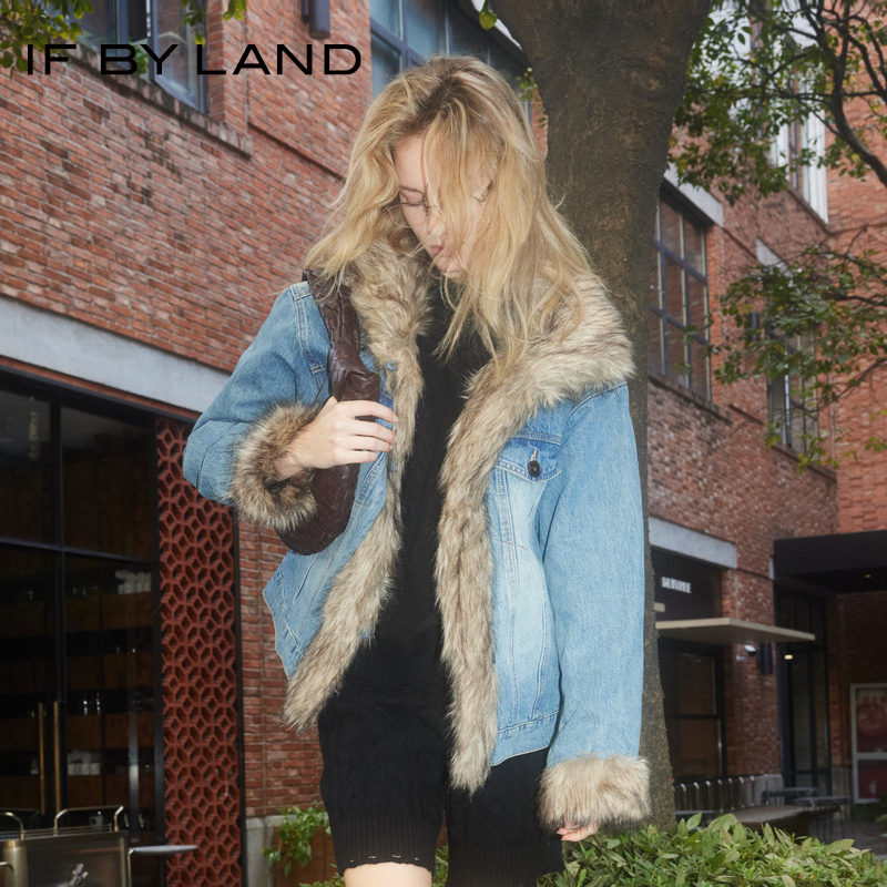 IFBYLAND牛仔仿皮草拼接棉服