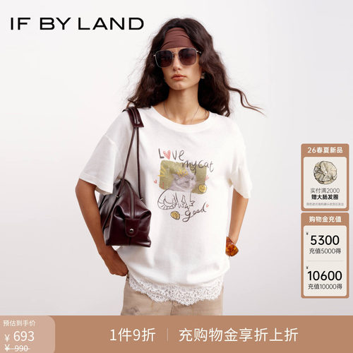 IF BY LAND 设计师品牌2026春夏新品小猫照片涂鸦印花下摆蕾丝T恤