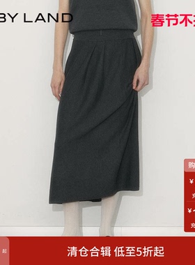 IF BY LAND 设计师品牌 秋冬深灰色设计感高腰收褶显瘦半身裙