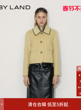 IF BY LAND 设计师品牌 黄色贝壳绣翻领双面绒短外套上衣女