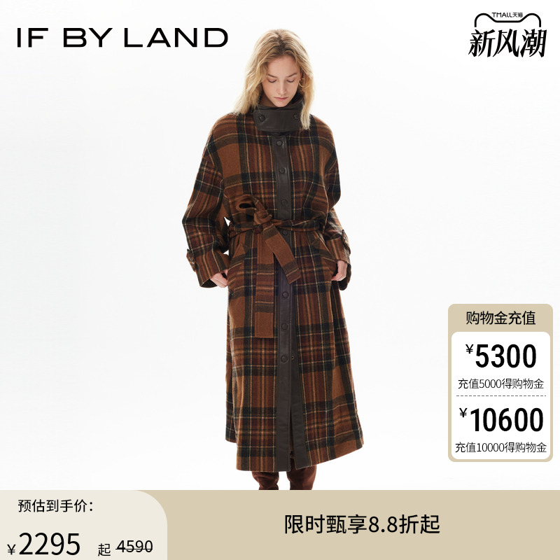 IFBYLAND羊毛毛呢格纹落肩大衣