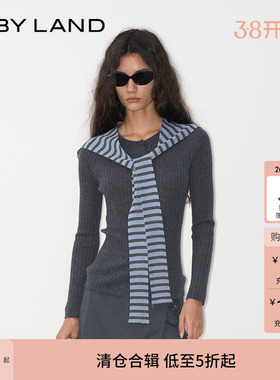 IF BY LAND 设计师品牌25秋季新款蓝灰色条纹披肩绵羊毛开衫女