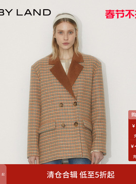 IF BY LAND 设计师品牌 复古橙色千鸟格双排扣西装外套上衣女