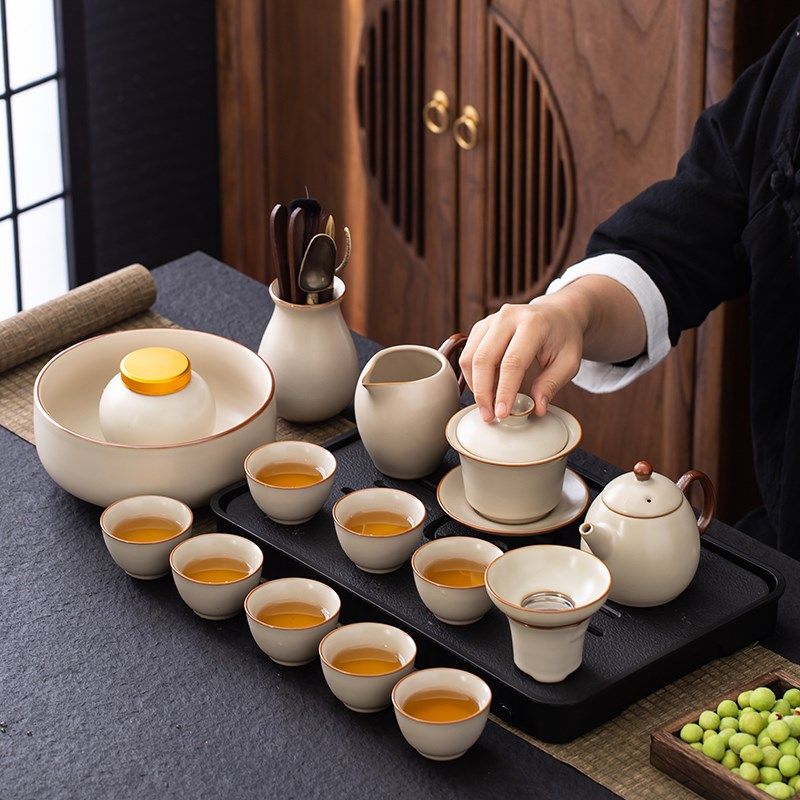 米黄汝窑茶具套j装轻奢高档家用功夫茶具喝茶盖碗茶壶茶杯中式茶,餐饮具,整套茶具,淘宝优惠券,粉丝福利购,淘宝优惠卷