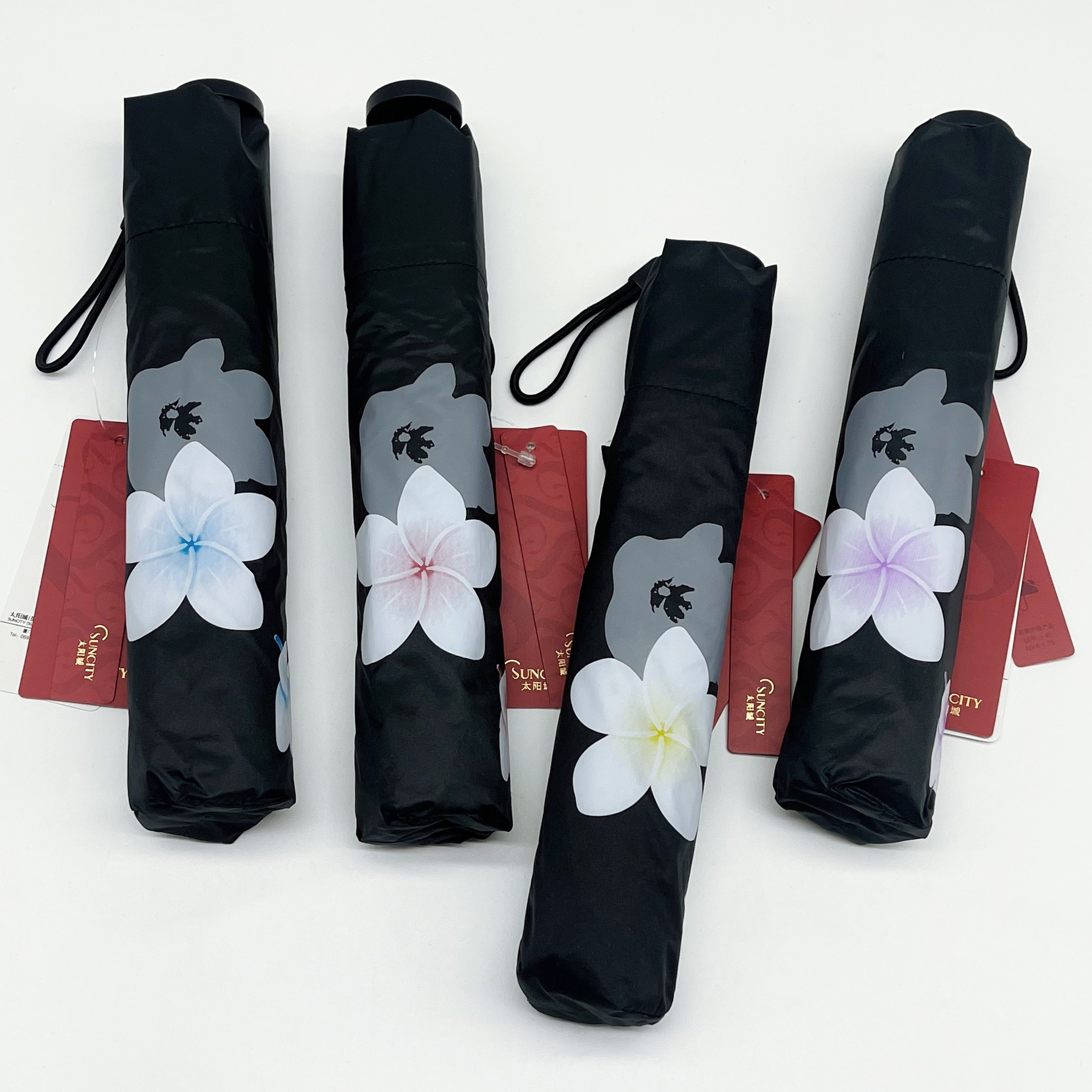 太阳城三折118克外翻倩冰超轻羽毛伞碳纤维伞骨5骨花朵防晒礼盒装