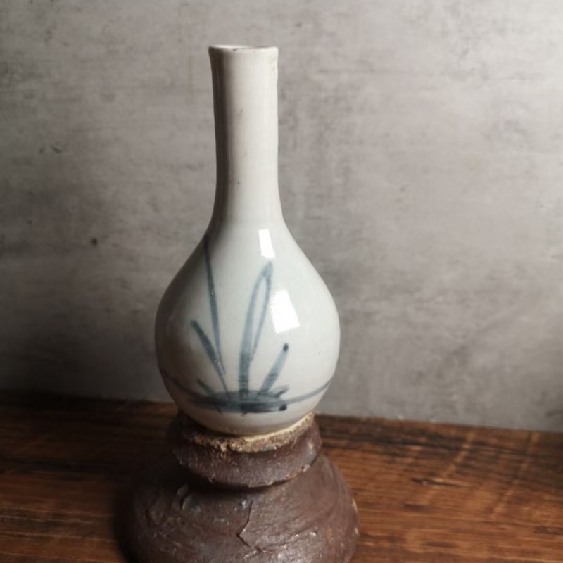 老青花鹤首迷你花l瓶净瓶 带陶瓷底座 茶亦居古美术 C1