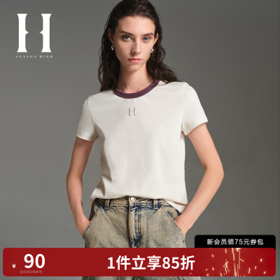 SEASONHIGH女士夏季款纯色圆领T恤露脐胶印背部短款刺绣上衣女装