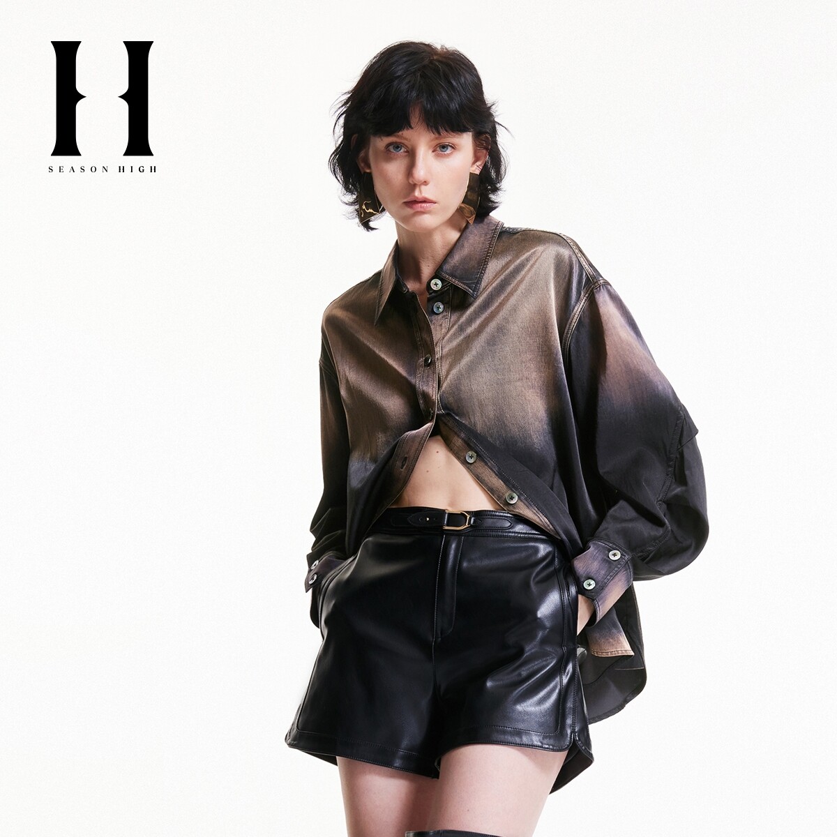 season high春季新款尖领衣身渐变时尚简约个性宽松复古衬衫女装