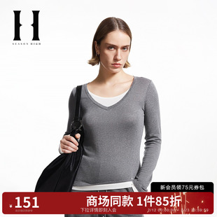 SEASON HIGH秋季时尚V领假两件上衣百搭宽松长袖T恤