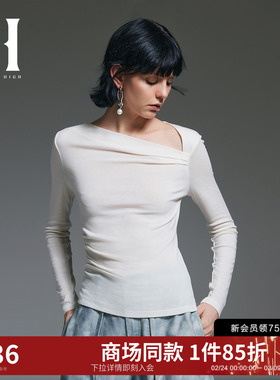 SEASON HIGH24  夏季新款修身纯色不对称含羊毛打底长袖T恤女装