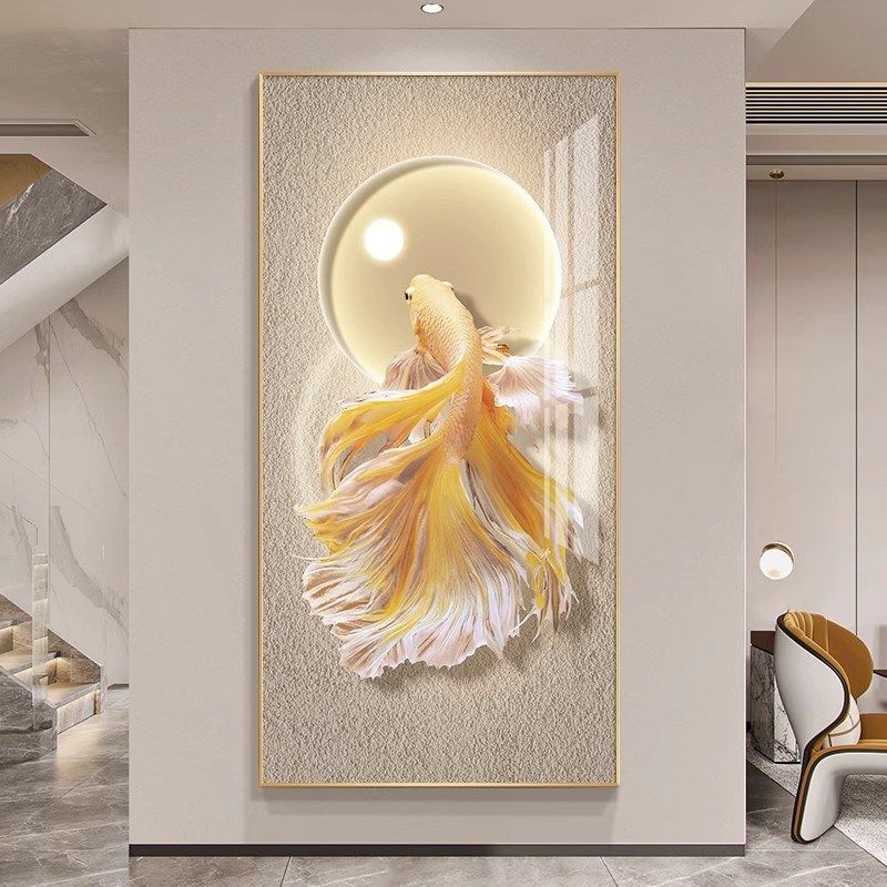 定做鲤好运锦入过户关装饰画档画走廊玄I道挂画高高级感客厅景墙