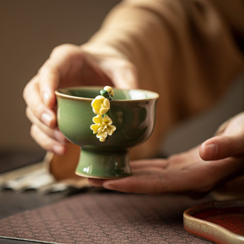 茶杯功夫茶具陶瓷主人杯高脚杯陶瓷手工捏花小茶碗个人专用品茗杯