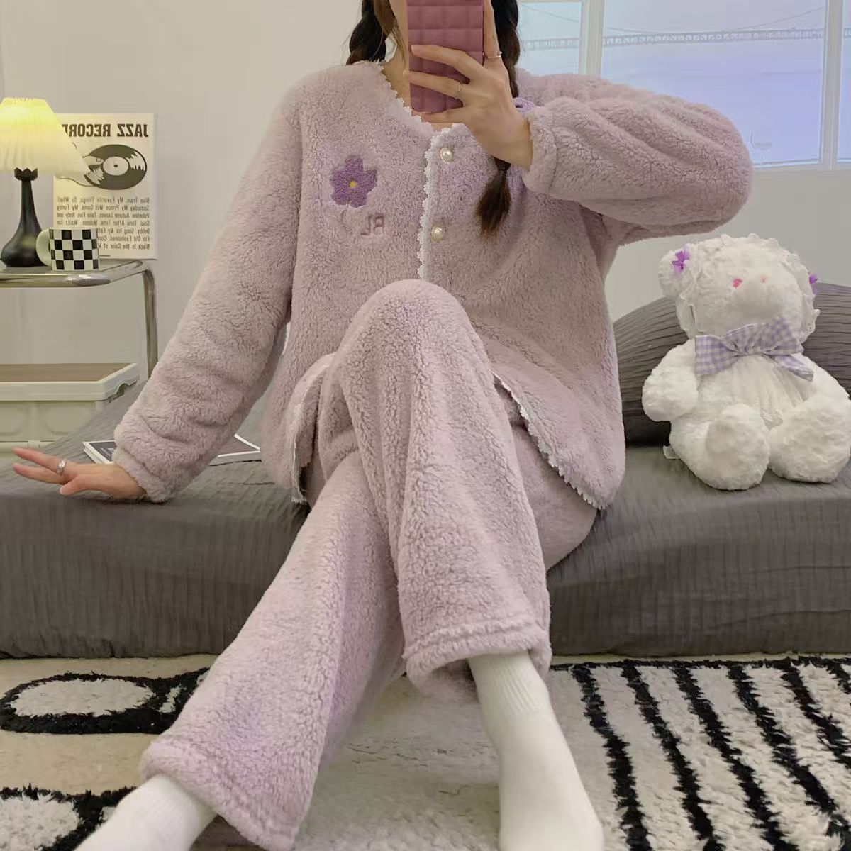 甜美珊瑚绒睡衣女冬季中厚保暖可外穿领两件套秋冬家居服套装