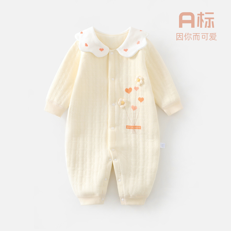 婴儿秋冬款夹棉连体衣女宝宝A类纯棉哈衣三层保暖爬服女童外出服