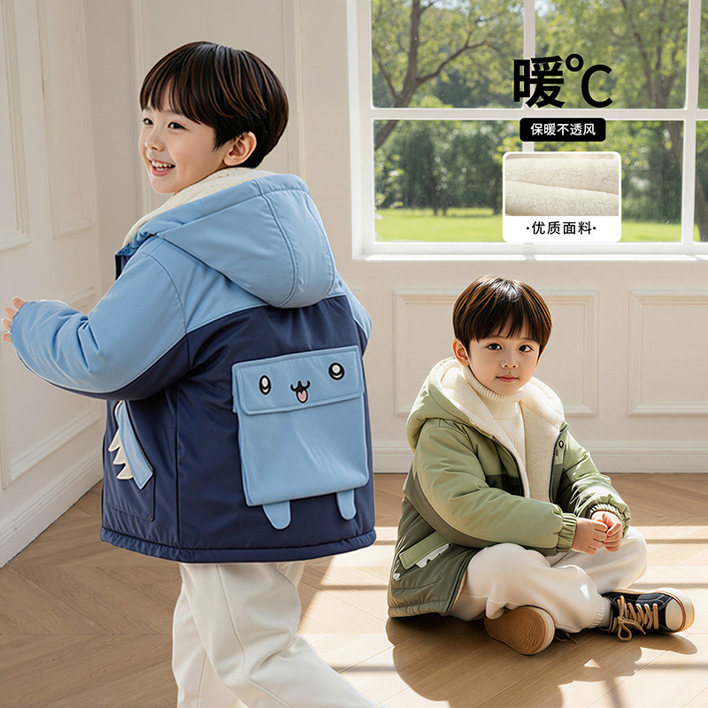 男童秋冬款加绒加厚外套2025新款儿童加绒棉衣男宝宝韩版帅气