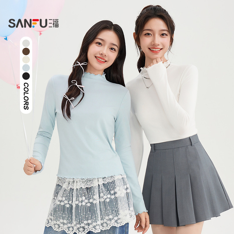 三福长T恤2025秋季木耳边领修身内搭打底衫上衣女装503971