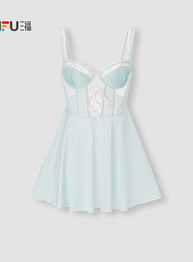 三福女春季系带缎面裙 纯欲优雅性感风丝滑睡裙家居服513236