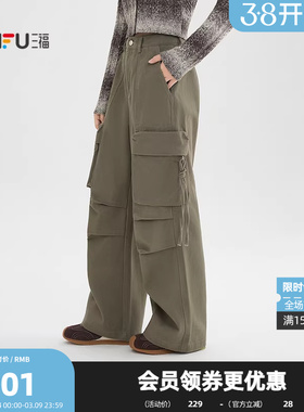 三福休闲裤2026春季抽绳工装口袋纽扣腰工装裤长裤女装515610