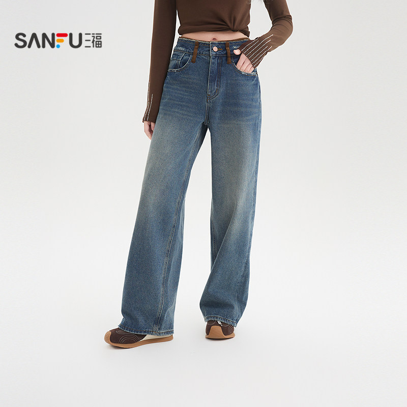 三福牛仔裤2026春季撞色腰头后背假口袋直筒裤子女装517536,女装/女士精品,牛仔裤,淘宝优惠券,粉丝福利购,淘宝优惠卷