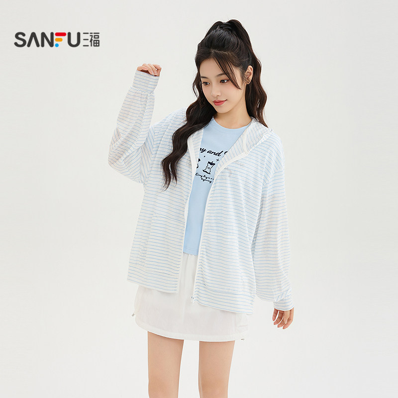 三福单外套2026夏季口袋拉链门襟条纹宽松连帽上衣女装524619