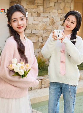 三福毛衣2026春季休闲珠片圆领宽松下摆保暖上衣女装514650