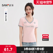 印花局部撞色V领球衣上衣女装 三福短T恤2026夏季 美式 521672