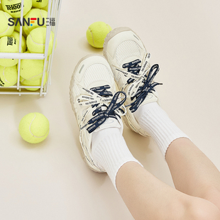 三福女运动鞋春季酷感泽西字母绑带网面圆头慢跑鞋女鞋854376