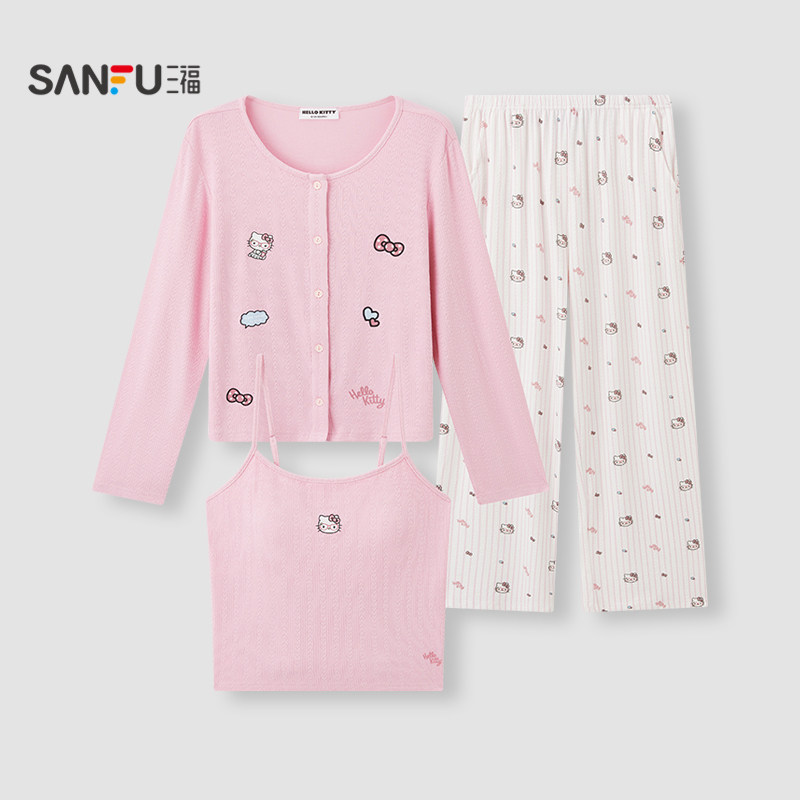 三福【Hello Kitty官方正版授权】女冬季波点三件套家居服530558