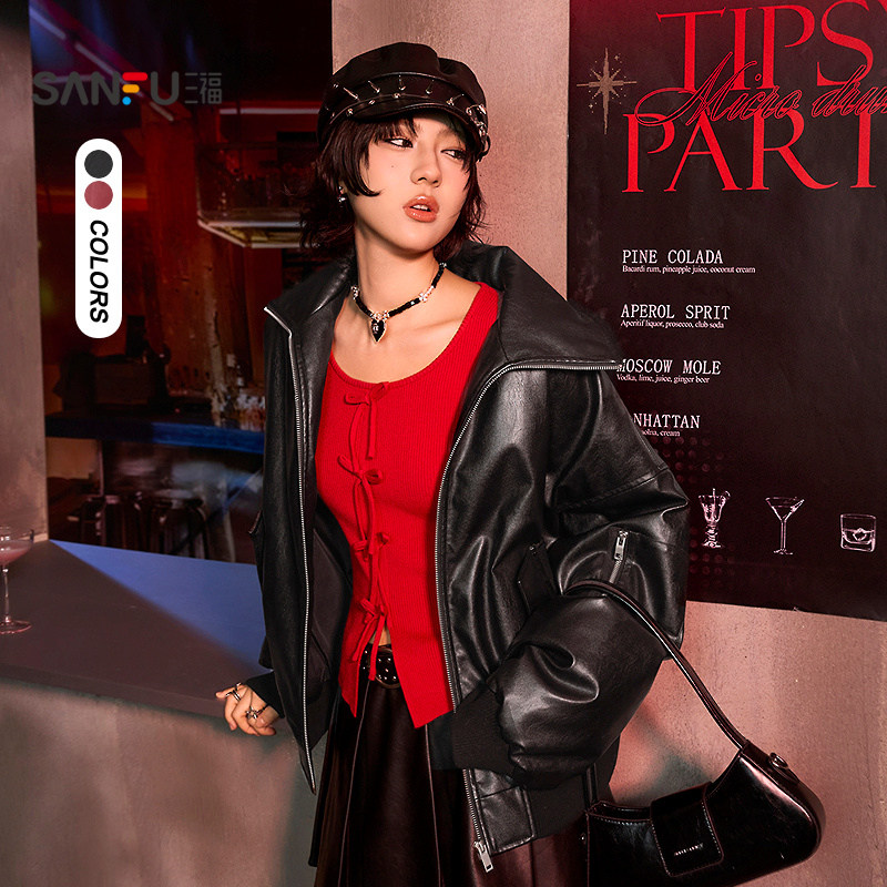 三福厚外套2025冬季简约大翻领宽松PU皮衣夹克上衣女装513833