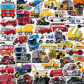 100张卡通汽车贴纸工程车救护车挖掘机交通工具创意装 饰防水贴桌面装 饰贴看图识车小贴画