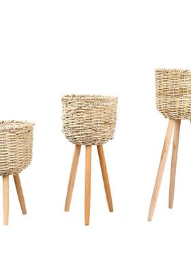 装饰客厅北欧摆件品简约服装店ins风美甲网红奶茶W门口草编花盆蓝