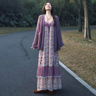 法式紫色碎花吊带连衣裙