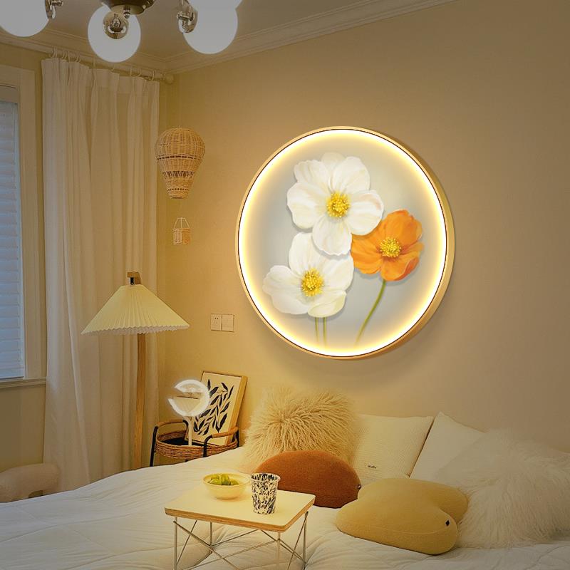 ins治愈系圆形壁画餐厅装饰画高档带LED灯小清新温馨卧室床头挂画