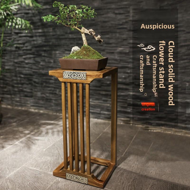 新中式高档实木花架客厅玄关花盆鱼缸摆件底座方形彷古祥云展示架