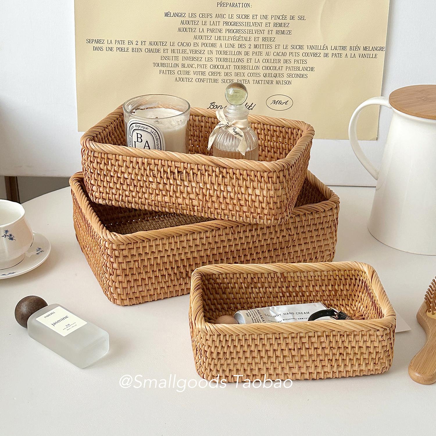 ins复古藤编桌面收纳盒长方形化妆品整理篮梳妆台首饰杂物收纳筐