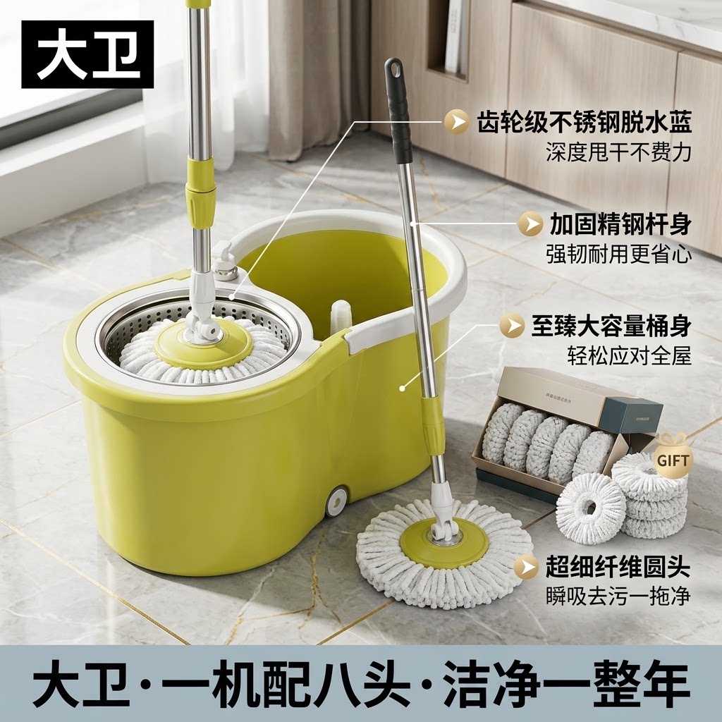 大卫旋转免手洗甩水懒人拖把