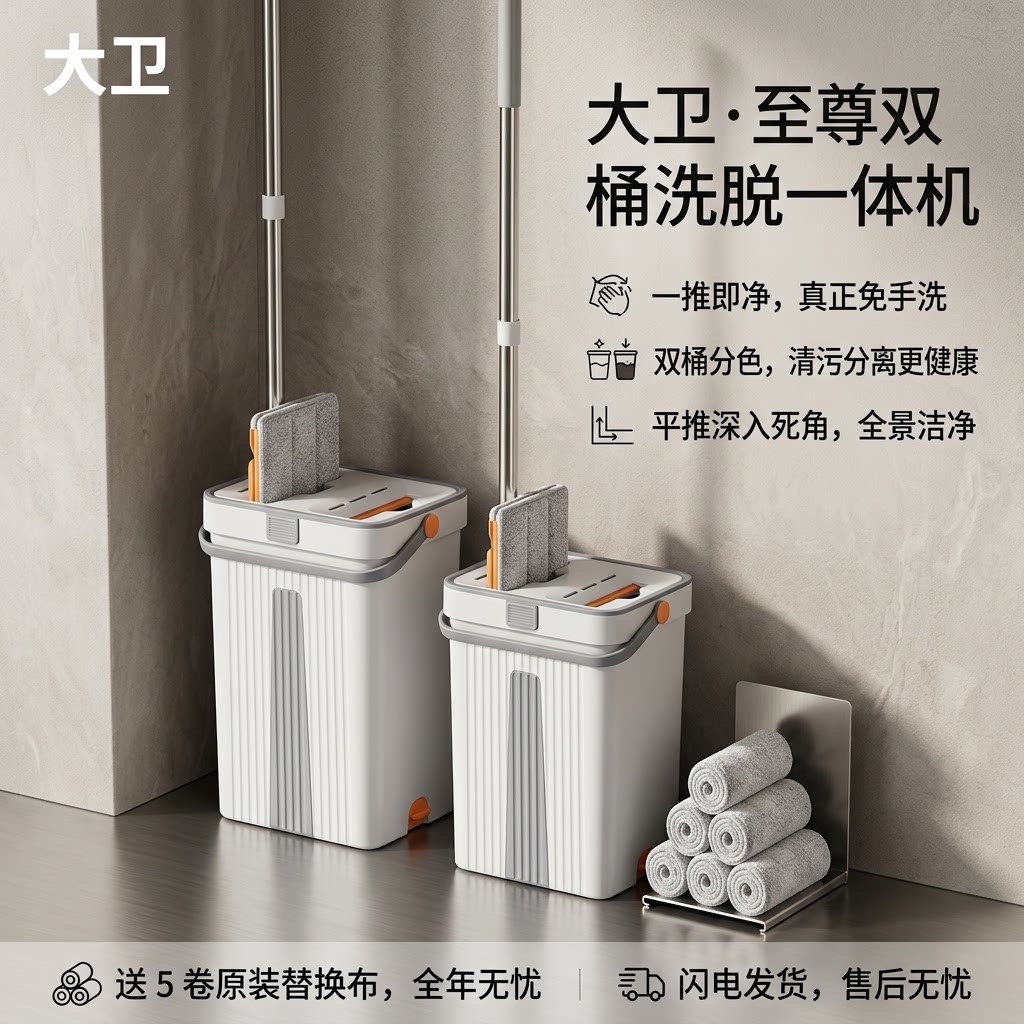 大卫懒人免手洗平板拖把一拖净