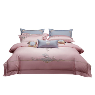 四件套纯棉全棉结婚刺绣粉色床单被套婚庆床上用 新品 140支新中式