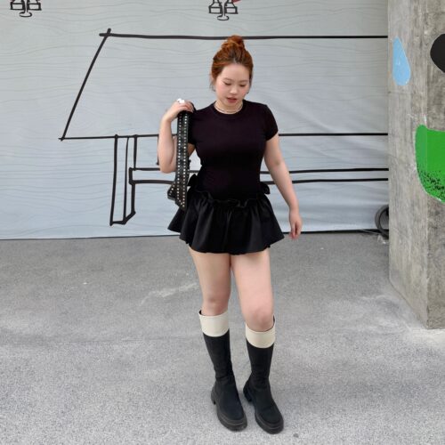 微胖百搭显瘦短袖花苞裙裤套装