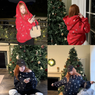 辣妹新年氛围感爆闪星星连帽露肩加绒卫衣女 微胖美式 QDD STUDIO