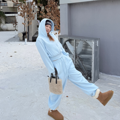 baby蓝色加绒连帽开衫卫衣套装